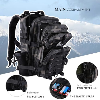 Hannibal Tactical 30L MOLLE Assault Pack, Tactical Backpack Military Army Camping Rucksack with Bottle Holder, 3-Day Pack, Black Camo - color: Black Camo, size: 30L