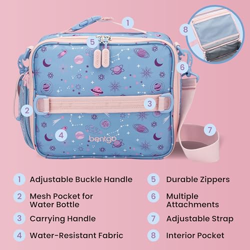 Bentgo Kids Lunch Bag - Durable, Double-Insulated Lunch Bag for Kids 3+; Holds Lunch Box, Water Bottle, & Snacks; Easy-Clean Water-Resistant Fabric & Multiple Zippered Pockets (Lavender Galaxy) - color: Lavender Galaxy
