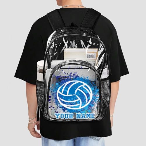 Custom Volleyball Clear Backpack Heavy Duty for Girls Kids Boys | Large Cool PVC Volleyball Theme Printing Transparent Backpacks for Schools Stadium Concerts Work - Clear/Black - color: Volleyball Clear Backpack 2 Black With Front Pocket Custom