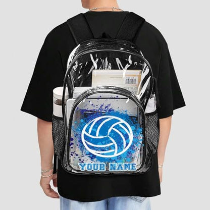 Custom Volleyball Clear Backpack Heavy Duty for Girls Kids Boys | Large Cool PVC Volleyball Theme Printing Transparent Backpacks for Schools Stadium Concerts Work - Clear/Black - color: Volleyball Clear Backpack 2 Black With Front Pocket Custom