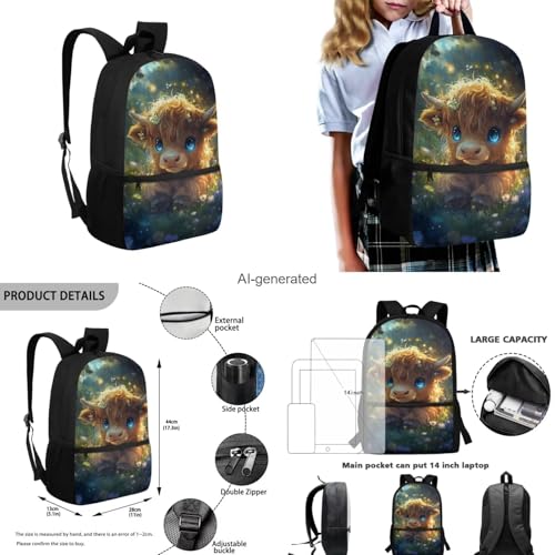 Cute Highland Cow Backpack for Girls Kids Backpack with Lunch Box Water Bottle Carrier and Soft Pencil Case 4PCS Set Cute Bookbag with Front Pocket 17" Large Capacity Elementary School Bag - color: Cute Highland Cow