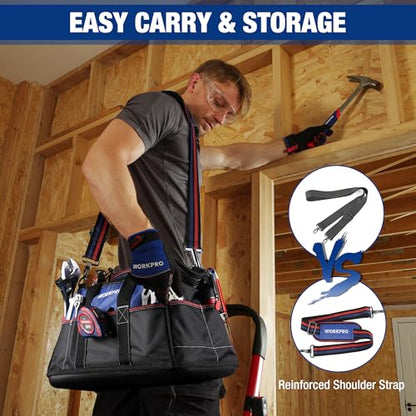 WORKPRO 16-inch Wide Mouth Tool Bag | Heavy Duty Cloth Tool Storage Bag, Water Proof Molded Base, Adjustable Shoulder Strap - color: Blue &Red