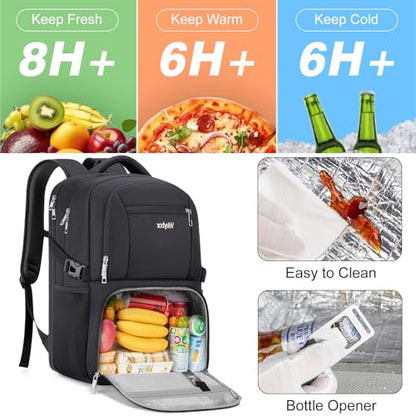 Insulated Lunch Backpack Fit 17" Laptop, Work Backpack with Lunch Box for Men & Women, Water Resistant College Computer Bag for Travel, Business, Hiking - color: Black