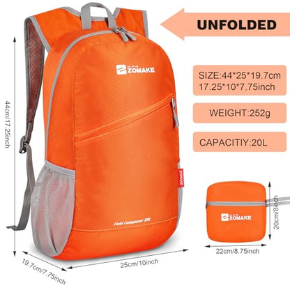 ZOMAKE Lightweight Packable Backpack 20L, Foldable Small Daypack for Hiking - color: Orange