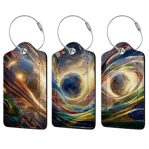 Abstract Soccer 3 Pack Luggage Tags, PU Leather Luggage Tags for Suitcase,Name ID Labels with Privacy Cover Suitcases and Metal Loop for Travel Bag Suitcase - color: Abstract Soccer