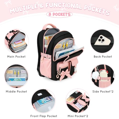 Kids Backpack for Girls, 3PCS School Backpack Set with Insulated Lunch Box & Pencil Case, Waterproof Lightweight Bookbag for Elementary & Middle School, Cute Bow Travel Daypack Black-Pink - color: Black-pink