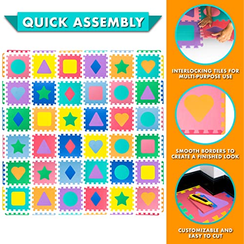 ProSource Kids Foam Puzzle Floor Play Mat with Shapes & Colors 36 Tiles, 12"x12" and 24 Borders - style: Shapes & Colors