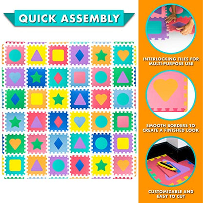 ProSource Kids Foam Puzzle Floor Play Mat with Shapes & Colors 36 Tiles, 12"x12" and 24 Borders - style: Shapes & Colors