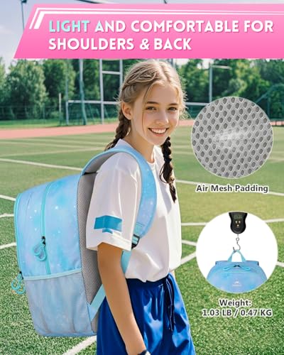 MATEIN Girls Soccer Backpack, Large Basketball Bag with Ball Holder & Shoe Compartment for Tournament & Game Day, Lightweight Youth Sports Bag with Fence Hook Fits 15.6 Inch Laptop, Soccer Team Gifts - color: Sky Blue