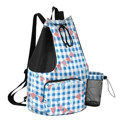 Drawstring Backpack Gym Sackpack With Water Bottle Holder Athletic Cinch Sack Waterproof Blue Gingham with Bunting