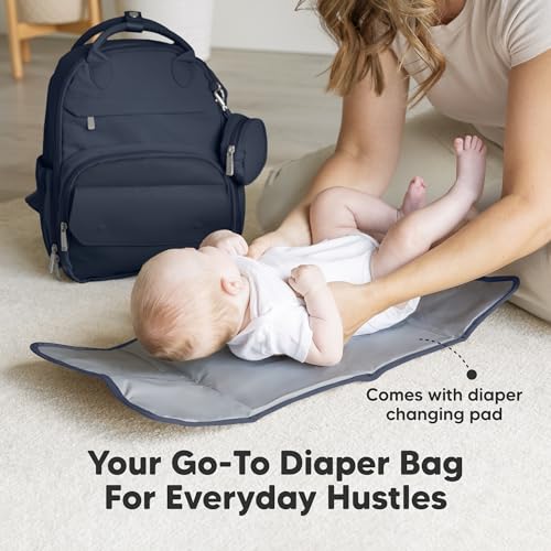 KeaBabies Diaper Bag Backpack - Small Multifunctional Travel Diaper Back Packs, Maternity Baby Changing Bags, 12L Capacity, PU Leather, Waterproof, Unisex, Nappy Changing Pad (Navy Blue, Small) - color: Navy Blue, style: Small / 13" H