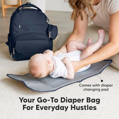 KeaBabies Diaper Bag Backpack - Small Multifunctional Travel Diaper Back Packs, Maternity Baby Changing Bags, 12L Capacity, PU Leather, Waterproof, Unisex, Nappy Changing Pad (Navy Blue, Small) - color: Navy Blue, style: Small / 13" H