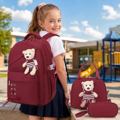 ACESAK School Backpack for Girls - 3 PCS Cute Girls Backpack with Lunch Box & Pencil Case - Kawaii Casual Kids Bookbag School Bag Daypacks Set for Elementary Middle High School Student Teens (Red) - color: Red