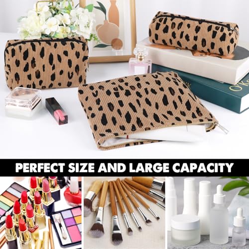 3 Pcs Makeup Bag Cosmetic Bag Set for Girls Women Travel Organizer Bathroom Toiletry Pouch Large Capacity Storage Bag (Leopard Brown) - color: Leopard Brown