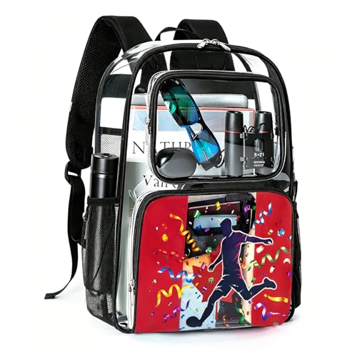 RUCYEN Clear Backpack for Women Men,Heavy Duty PVC Transparent See Through Backpack,Large Capacity Multiple Pockets with Reinforced Bottom Bookbag for Sports Work Security - color: Red