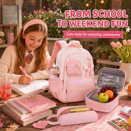 Bluboon Backpack for School Teen Girls Bookbags with Lunch Bag & Pencil Case Aesthetic Water Resistant School Bags for Kids - color: Pink Gingham