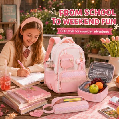 Bluboon Backpack for School Teen Girls Bookbags with Lunch Bag & Pencil Case Aesthetic Water Resistant School Bags for Kids - color: Pink Gingham