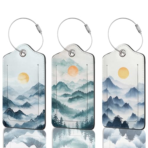 Set of 3 Luggage Tags,Abstract Mountain Sunset Leather Suitcases Tag Identifiers with Privacy Name Address Labels & Durable Steel Loop for Women Men Travel - color: Abstract Mountain Sunset