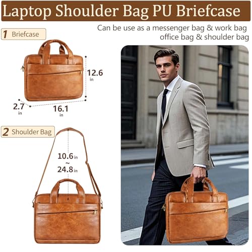 Faux Leather Messenger Bag for Men 15.6 Inch: Laptop Bag Briefcase Computer Handbags Shoulder Crossbody Bag with Padded Laptop Sleeve for Work College Travel, PU Brown - color: Pu Small Brown
