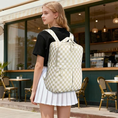 Checkered Backpack for Women Fashion Backpacks with Laptop and Multi Compartment for Travel and Work Beige Check - color: Beige Check