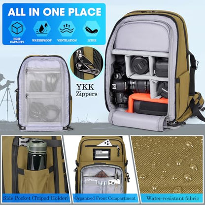 SDYSM Camera Backpack Bag Professional for DSLR/SLR Mirrorless Camera Waterproof 15.6 inch Tactical Camera Bags for Photographers with Rain Cover, Tripod Holder, Small Bag Photography Backpack Case - color: Brown