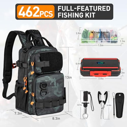 THKFISH Fishing Kit, Backpack Fishing Tool and Tackle Box with Tackle - color: Camo-462pcs