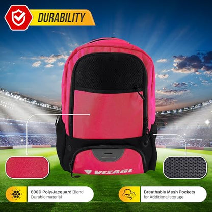 Vizari Soccer Backpack Soccer Bag | Water resistant Durable Equipment Bag for Football, Basketball, Volleyball | Cleats and Ball Compartment - Red,Blue,Pink,Black - color: Black/Neon Pink