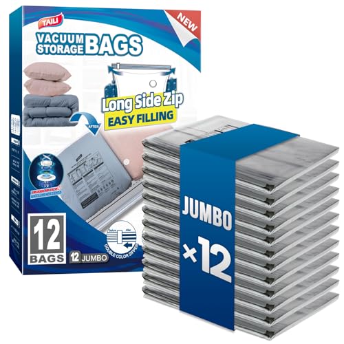 TAILI 12 Pack Vacuum Storage Bags, LONG SIDE ZIP (39x28 inch) Vacuum Seal Bags for Clothing, Jumbo Storage Space Saver for Beddings, Comforters, Blanket, Pillows and Clothes - size: 12 Jumbo