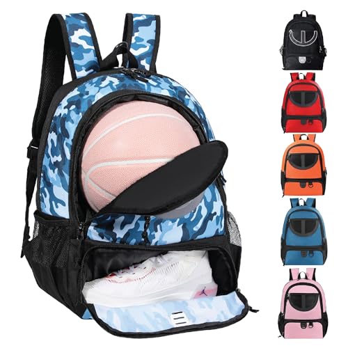 Basketball Bag Backpack for Men Women with Ball & Shoes Compartment 30L Capacity Lightweight Breathable Boys Girls Soccer Ball Bag Backpack Fit Volleyball Football Sports Travel School Gym - color: TK8BlueCamo