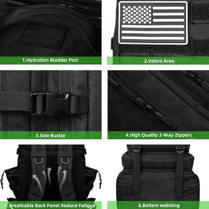 Military Tactical Backpack 55L for Men & Women Bug Out Bag Assault pack Molle Daypack Hiking Trekking Rucksack (Black) - color: Black