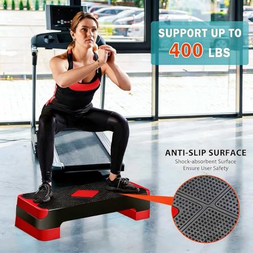 ZENY 26.5 inch Aerobic Step Platform with 4 Step Risers, Height Adjustable Exercise Stepper for Home Gym Workouts, 400 lbs Capacity - color: Red