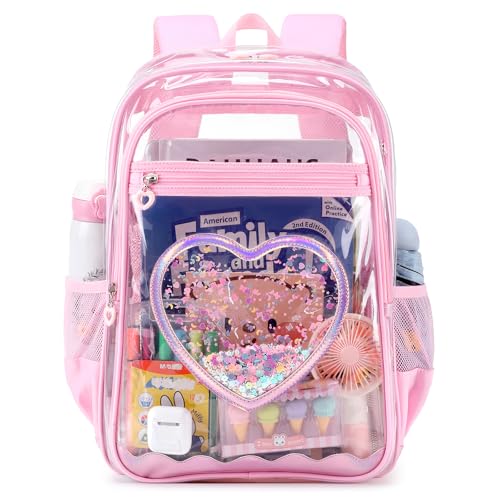 Clear Backpack, Heavy Duty Thick TPU Clear Bookbag, Transparent Bookbag Stadium Events, See Through Large Ergonomic Backpack for School Kids Girls Women Travel Security College Concert, Pink - color: Pink