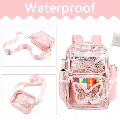 Clear Backpack for Girls,Transparent Backpacks Crossbody Bag for Kids Heavy Duty See Through School Bag Clear Bookbag (Pink1, Large) - color: Pink1