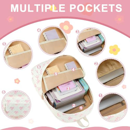 Bluboon School Backpack for Teen Girls Women Laptop Backpack College Bookbags Middle School Travel Work Commuter Back Pack - color: Pink Bow Beige