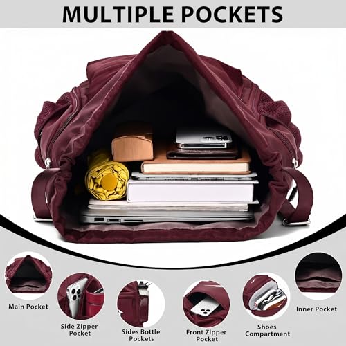 Sport Drawstring Backpack, Gym Bag with Mesh Side Pockets and Separate Shoe Compartment, Water-Resistant (Burgundy) - color: Burgundy
