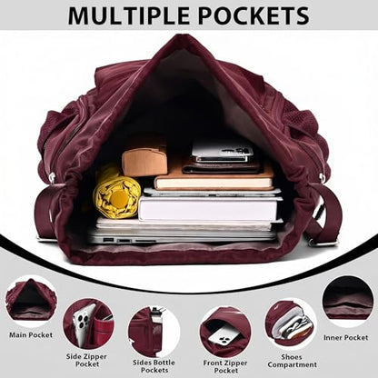 Sport Drawstring Backpack, Gym Bag with Mesh Side Pockets and Separate Shoe Compartment, Water-Resistant (Burgundy) - color: Burgundy