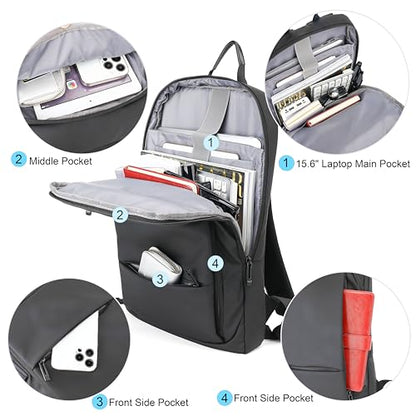 AUGUR Business Slim Backpack for Men Women 15.6 inch Water Resistant Laptop Backpack with USB Charger Computer Notebooks Lightweight Small Backpacks For School/Travel/Business/Work/College Bag - color: 1506 15.6 Inch Black