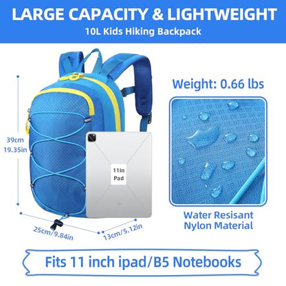 10L Kids Hiking Backpack, Small Waterproof Travel Daypack for Camping, Lightweight Pack for Boys or Girls Ages 4-12 (Blue) - color: Blue