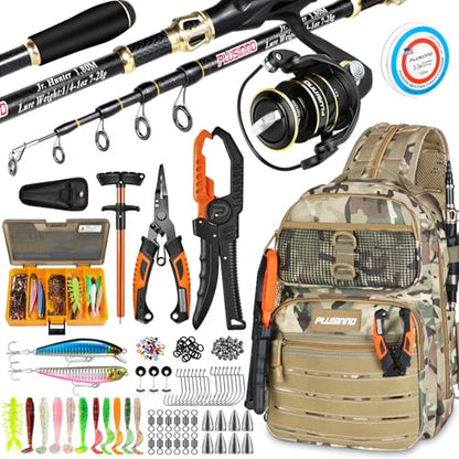 PLUSINNO Fishing Gear, Fishing Backpack with Fishing Rod, Tackle Box, Waterproof Tackle Backpack with Rod Holders,Lures, Tools, Pliers & Accessories, Fish Gifts for Men - color: Orange rod