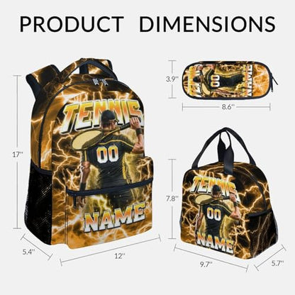 UNIKITTY Boys Tennis Backpack Set, Personalized School Backpack with Lunch Box & Pencil Case; 17 Inch Large Capacity Tennis Bookbag, Water Resistant for Kids Teens Elementary & Middle School - color: Yellow