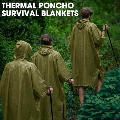Tellegloww Emergency Ponchos with Polyester Film Blanket Liner Waterproof Windproof Thermal Survival Blanket Rain Ponchos - color: Green