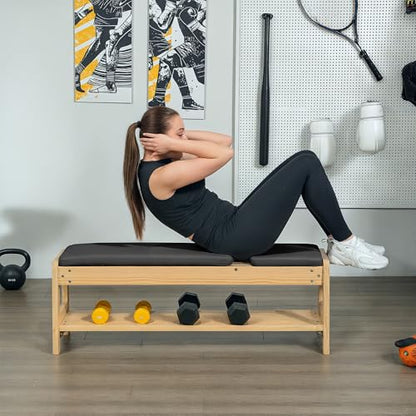 Soozier Adjustable Weight Bench with Dumbbell Rack, Wooden Workout Bench, Flat or Incline Bench for Home Gym Weight Lifting Training - color: Black