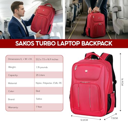 SAKOS Turbo 15.6 inch Laptop Backpack, Professional Travel Backpack Carry on Flight - TSA Approved, Water Repellent Luggage Backpack for Men & Women, College Backpack with Laptop Compartment - Red - color: 4. Turbo - Red