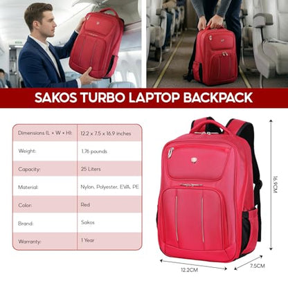 SAKOS Turbo 15.6 inch Laptop Backpack, Professional Travel Backpack Carry on Flight - TSA Approved, Water Repellent Luggage Backpack for Men & Women, College Backpack with Laptop Compartment - Red - color: 4. Turbo - Red