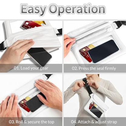 Waterproof Dry Bag Set 2 Pcs: White 9.8" Clear Fanny Pack with Black Waterproof Phone Case -7" Phone Pouch, IPX8 Floating Water Proof Belt Bag with Adjustable Strap for Cruise Beach Swim Essentials - color: White fanny pack + Phone pouch 7"