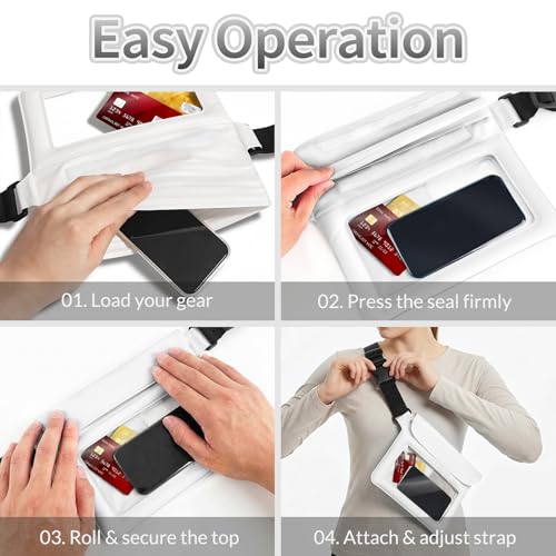 Waterproof Dry Bag Set 2 Pcs: White 9.8" Clear Fanny Pack with Black Waterproof Phone Case -7" Phone Pouch, IPX8 Floating Water Proof Belt Bag with Adjustable Strap for Cruise Beach Swim Essentials - color: White fanny pack + Phone pouch 7"
