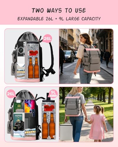 Odoland 2-in-1 Cooler Backpack with Removable Insulated Bag, 26L Leak-Proof Dry Wet Separation Backpack with 9L Cooler (20 Cans) for Beach Picnic Camping Day Trip, Lunch Diaper Bag for Men Women - color: Pink