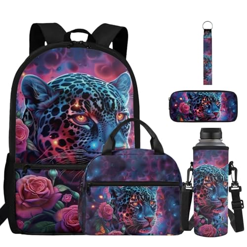 ZDCUSTOM Girls School Backpacks Set 5PCS with Lunch Box, Large Capacity Leopard School Backpack for Girls, Cool Bookbag with Pencil Case Water Bottle Holder Keychain, Elementary School Bags - color: Rose Leopard