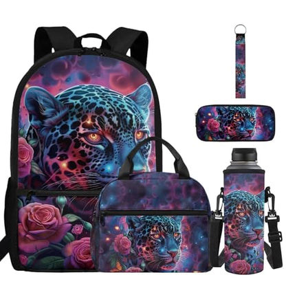 ZDCUSTOM Girls School Backpacks Set 5PCS with Lunch Box, Large Capacity Leopard School Backpack for Girls, Cool Bookbag with Pencil Case Water Bottle Holder Keychain, Elementary School Bags - color: Rose Leopard
