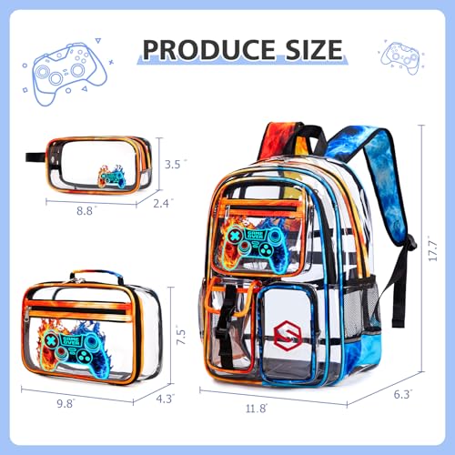 DIGOBAY 3PCS Cool Luminous Clear Backpack for Boys Kids, Gamer Clear Bookbag for School, See Through PVC Transparent Backpacks with Lunch Bag Pencil Case, Backpack Heavy Duty for School Stadium - color: Red-blue Flame